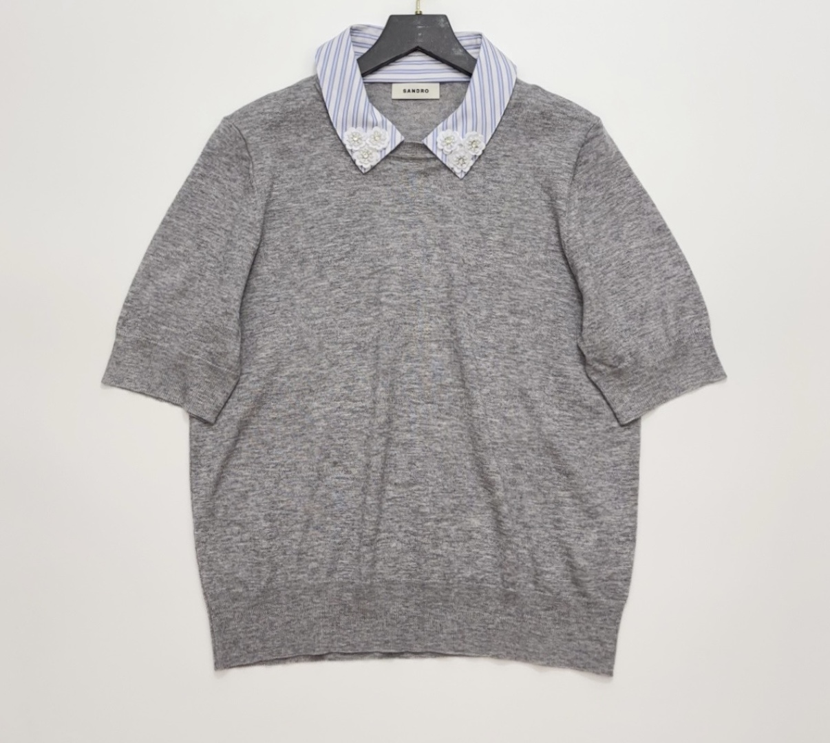 Sandro Fashion Patchwork Blue and White Shirt Collar Knit T-Shirt
