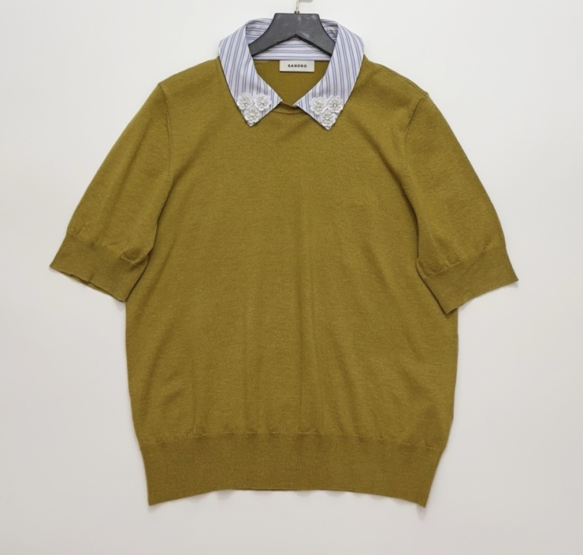 Sandro Fashion Patchwork Blue and White Shirt Collar Knit T-Shirt