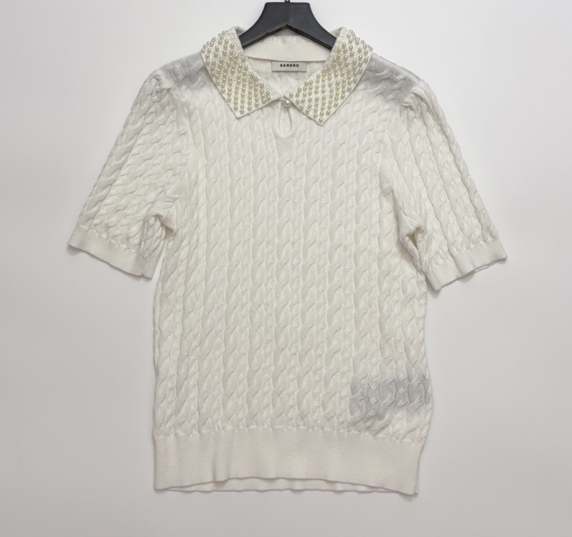 Sandro French Faux Pearl Lapel Cable Knit Puff Sleeve Cardigan