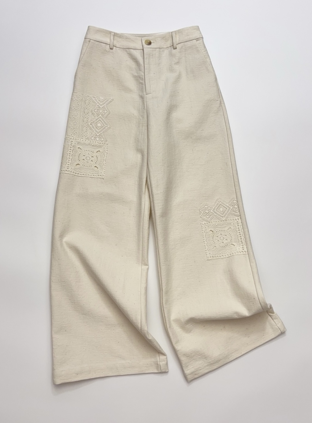 Vivetta Heavy Embroidered Lace Cotton Linen Blend High Waist Straight Leg Trousers
