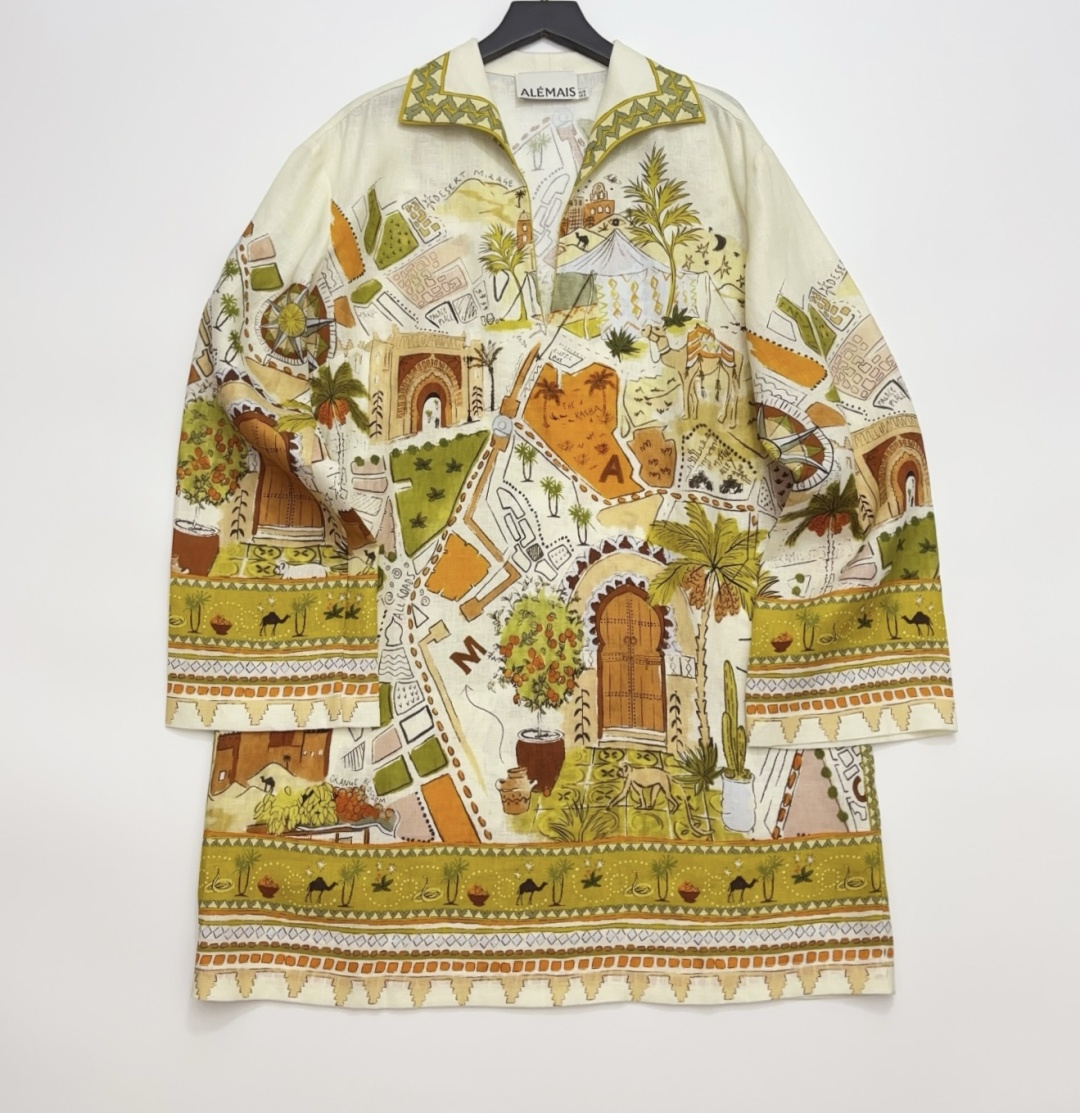 Alémais Tropical Rainforest Plant Linen Print Loose Casual Shirt Dress