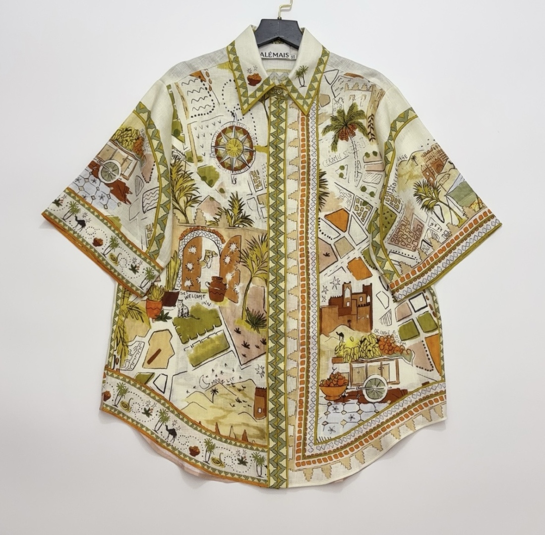 Alémais Tropical Rainforest Plant Linen Print Loose Short Sleeve Shirt