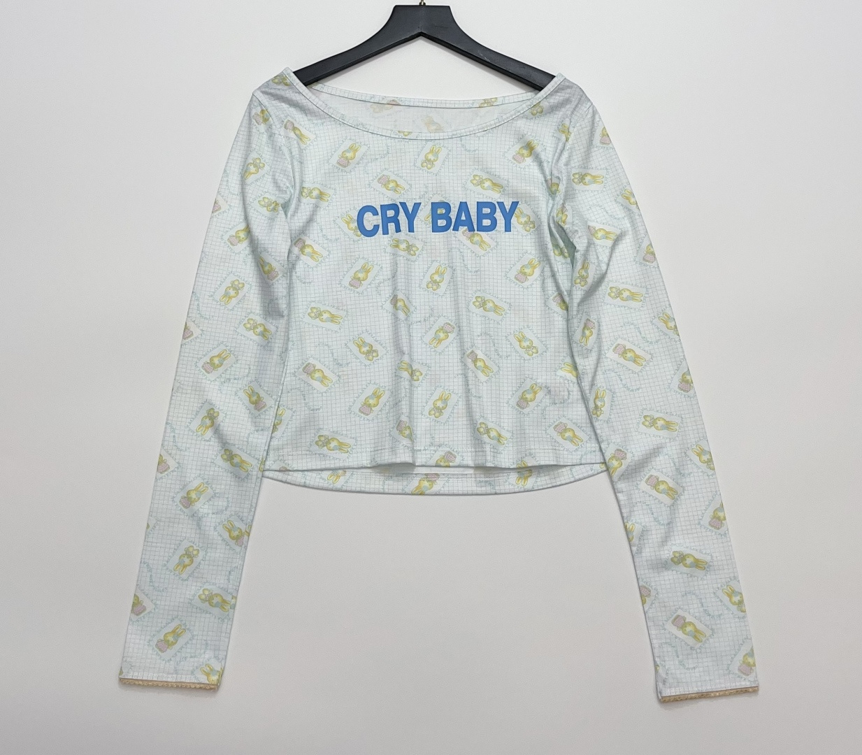 Ashley Williams Cry Baby Slogan Rabbit Sticker Lace Trim Long Sleeve Top