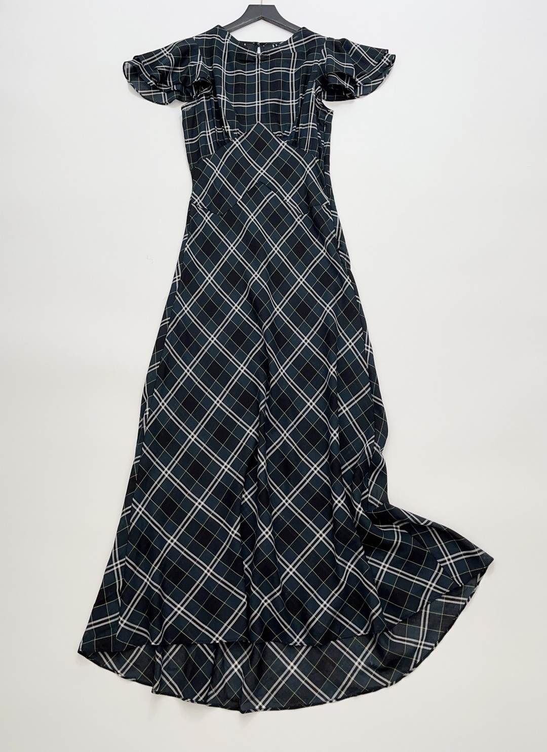 Dôen French Pastoral Plaid Print High-Waist Ruffle Short Sleeve Dress