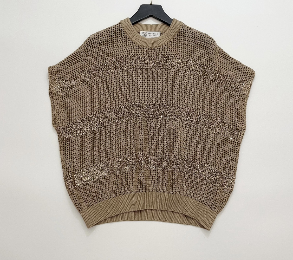 Brunello Cucinelli Mesh Openwork Knit Cover-Up Round Neck Sequin Striped Loose Top T-Shirt