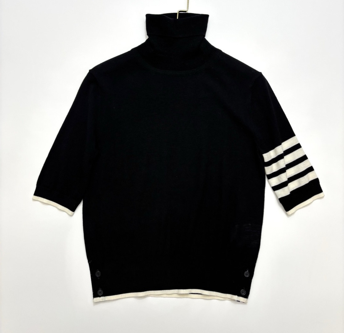 Thom Browne Classic Four-Bar Fine Wool Turtleneck Short Sleeve Knit Top