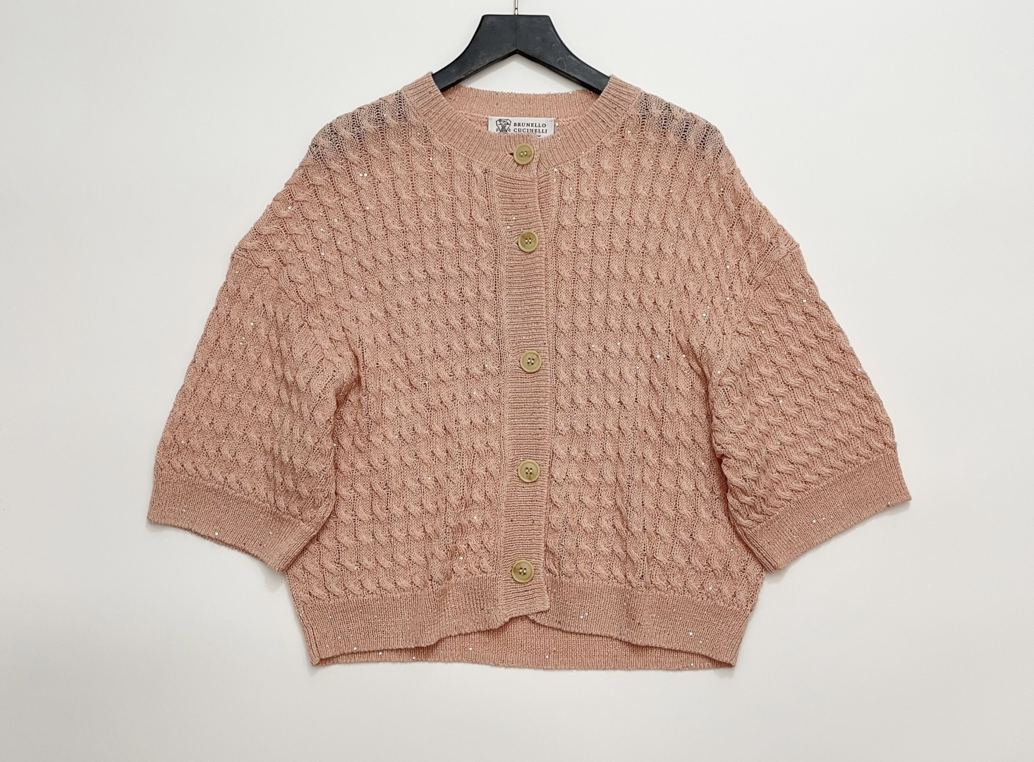 Cool-Touch Openwork Cable Knit Sequin Linen Top