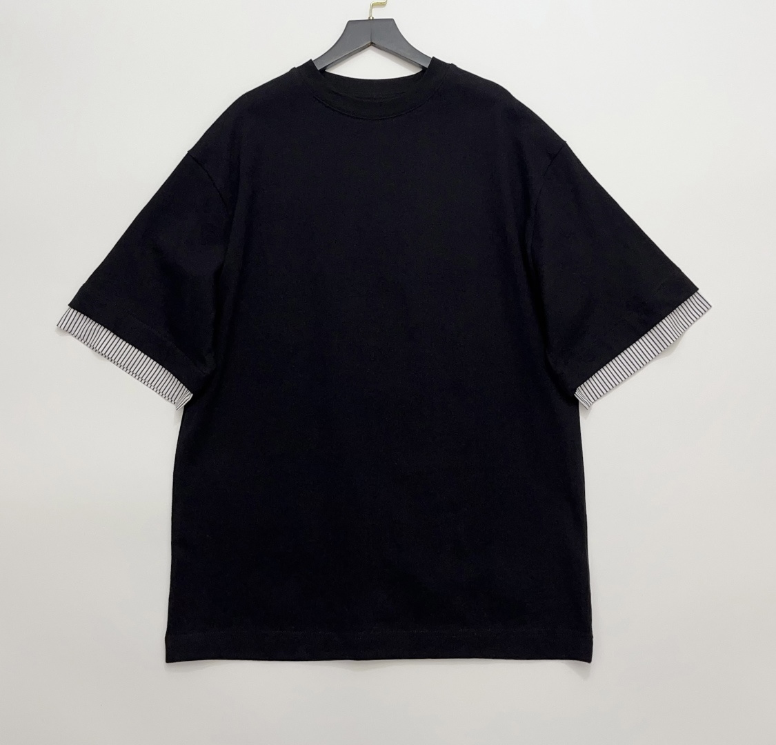 Jil Sander Striped Patchwork Cotton Faux Two-Piece Loose Short Sleeve T-Shirt
