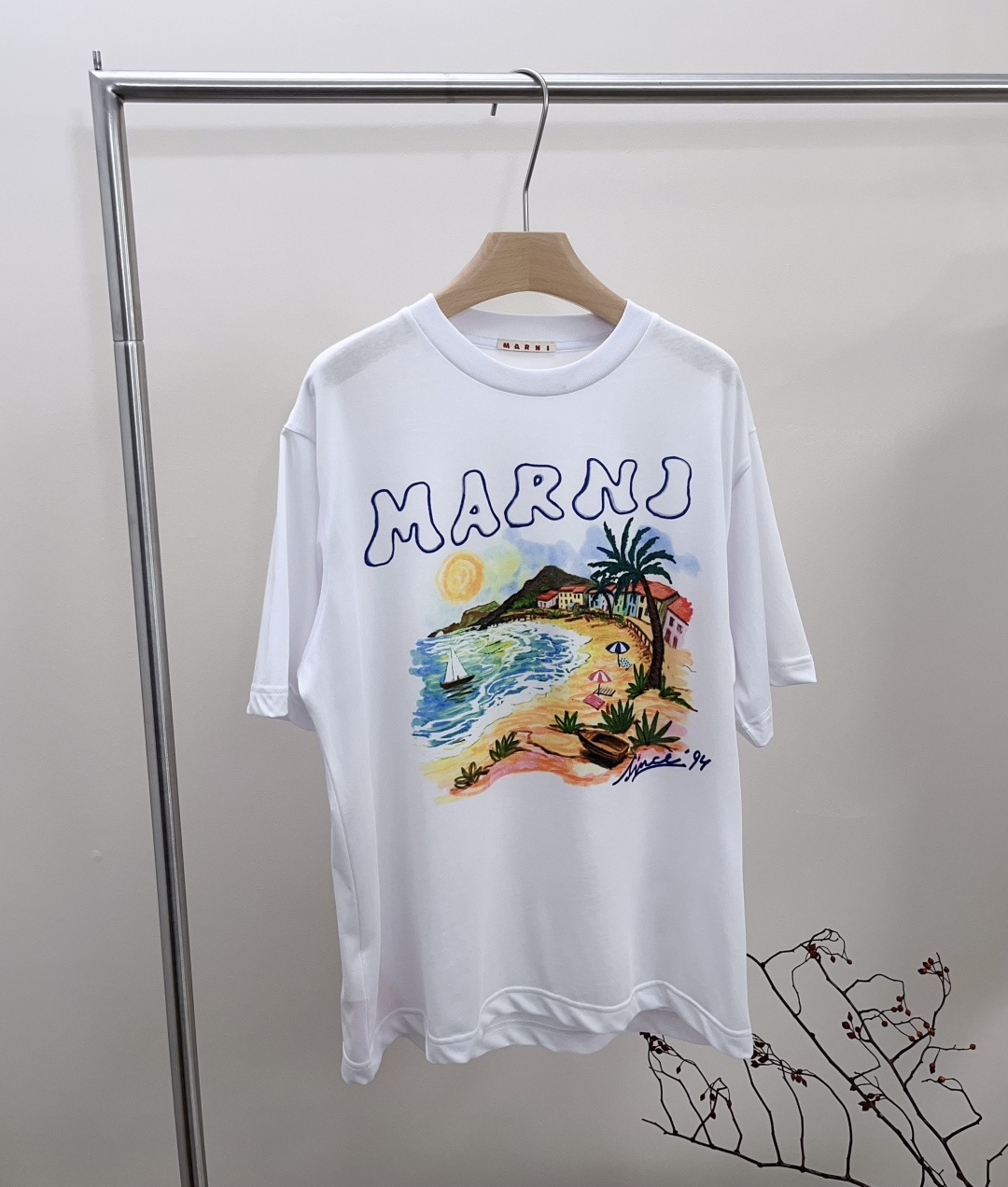 Marni Letter Print Coastal Scenery Crewneck Loose Fit Short Sleeve T-Shirt