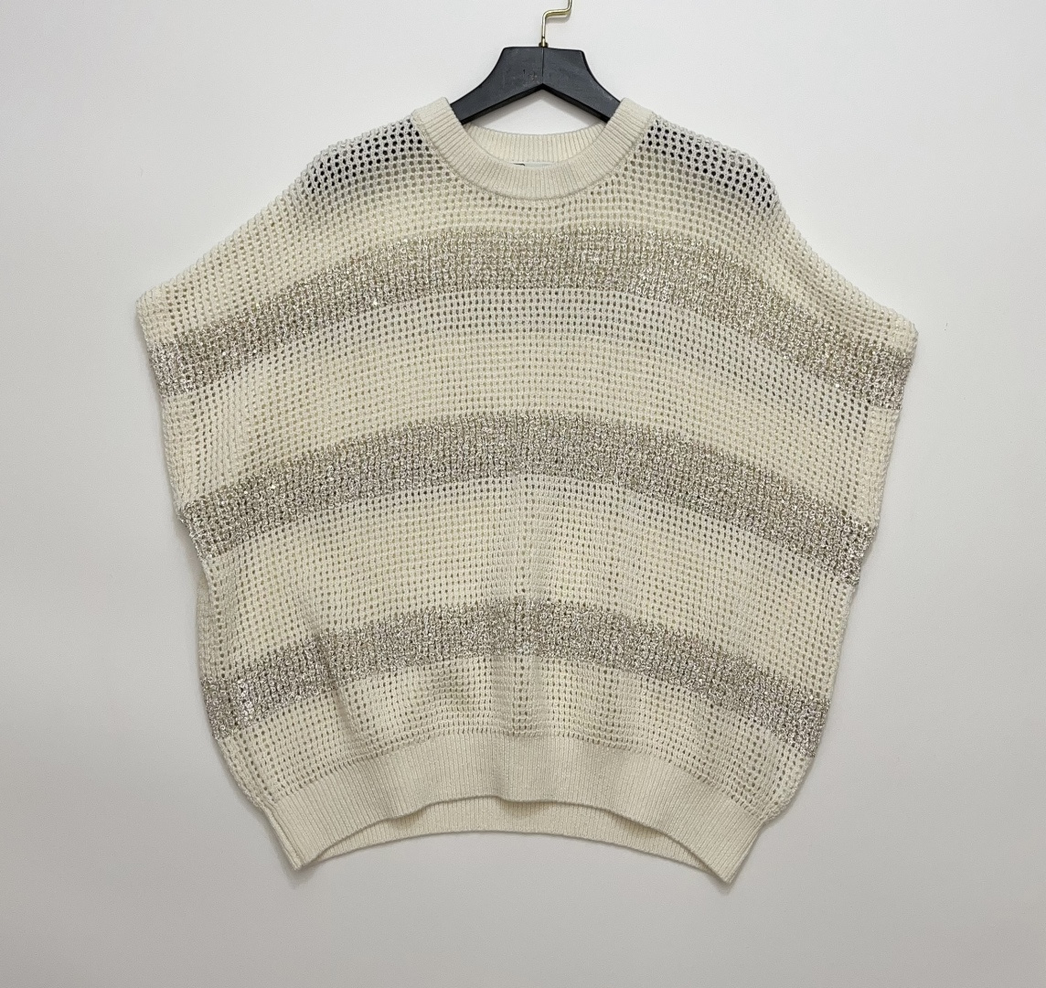Brunello Cucinelli Mesh Hollow Knit Cardigan Crewneck Sequin Stripe Loose Fit Top