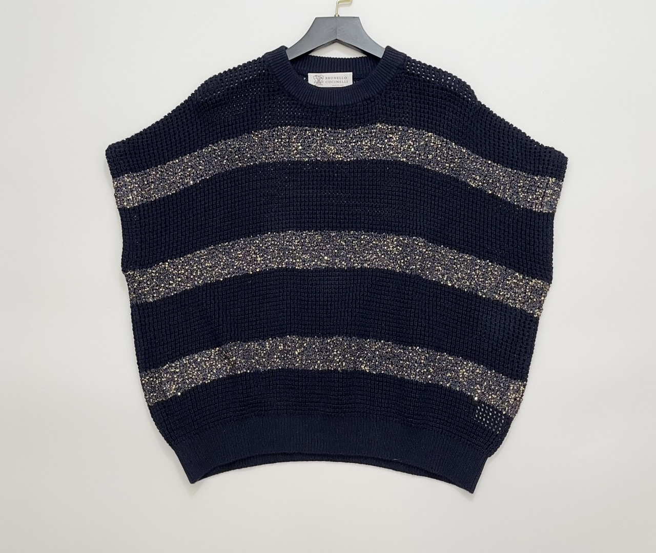 Brunello Cucinelli Mesh Hollow Knit Cardigan Crewneck Sequin Stripe Loose Fit Top