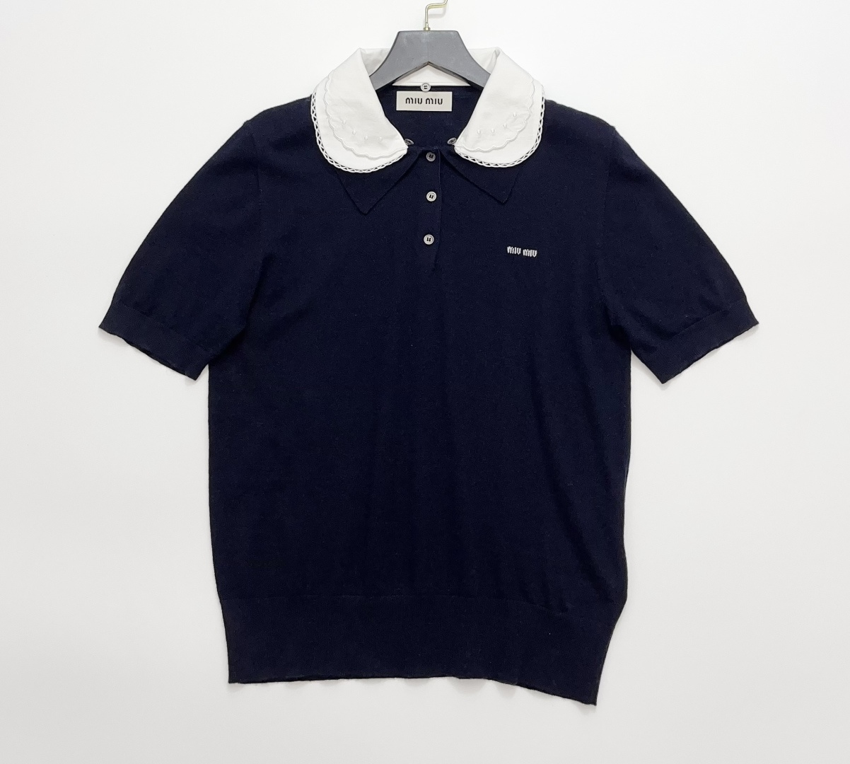 Navy Blue Miu Miu Detachable Peter Pan Collar Wool Knit Short Sleeve T-Shirt