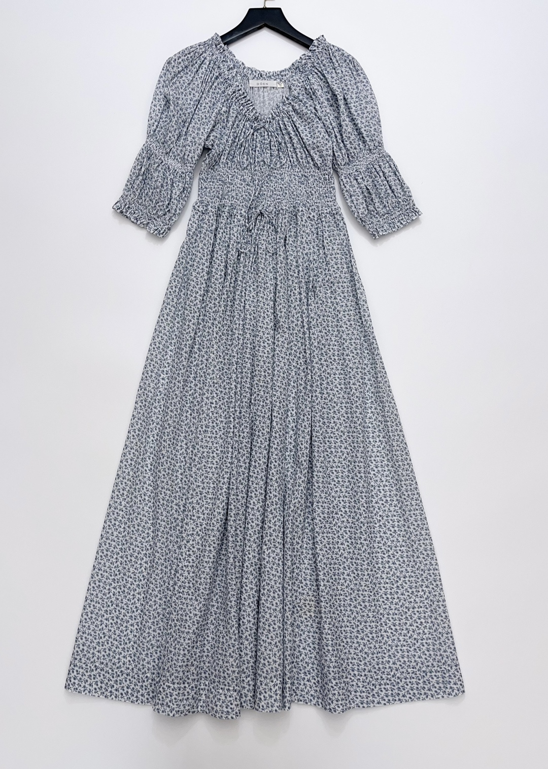 Dôen French Vintage Pastoral Floral Cinch-Waist Maxi Dress
