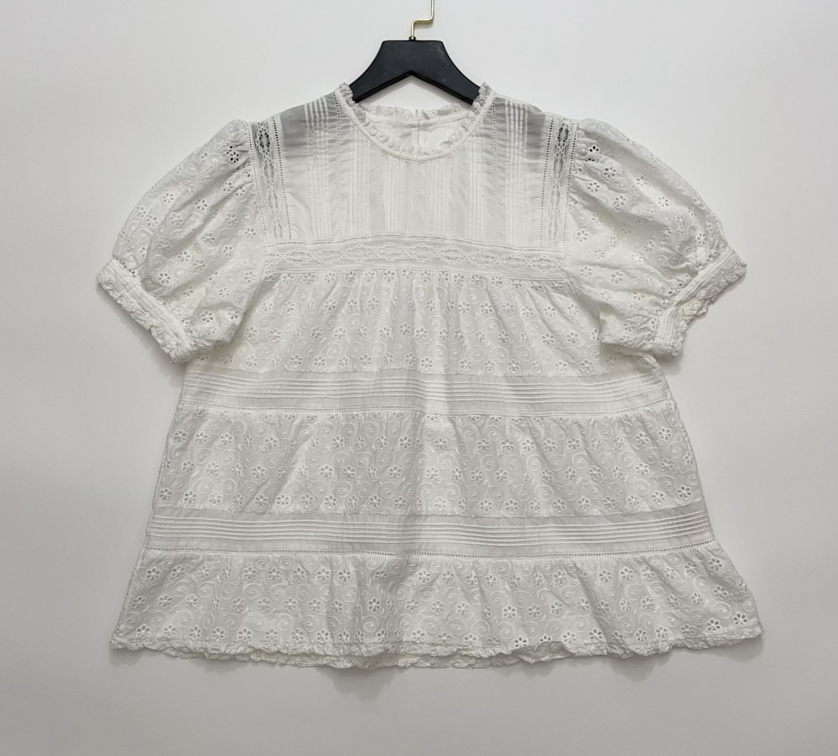 Dôen Cutout Floral Embroidered Top with Ruffled Round Neck and Puff Sleeves