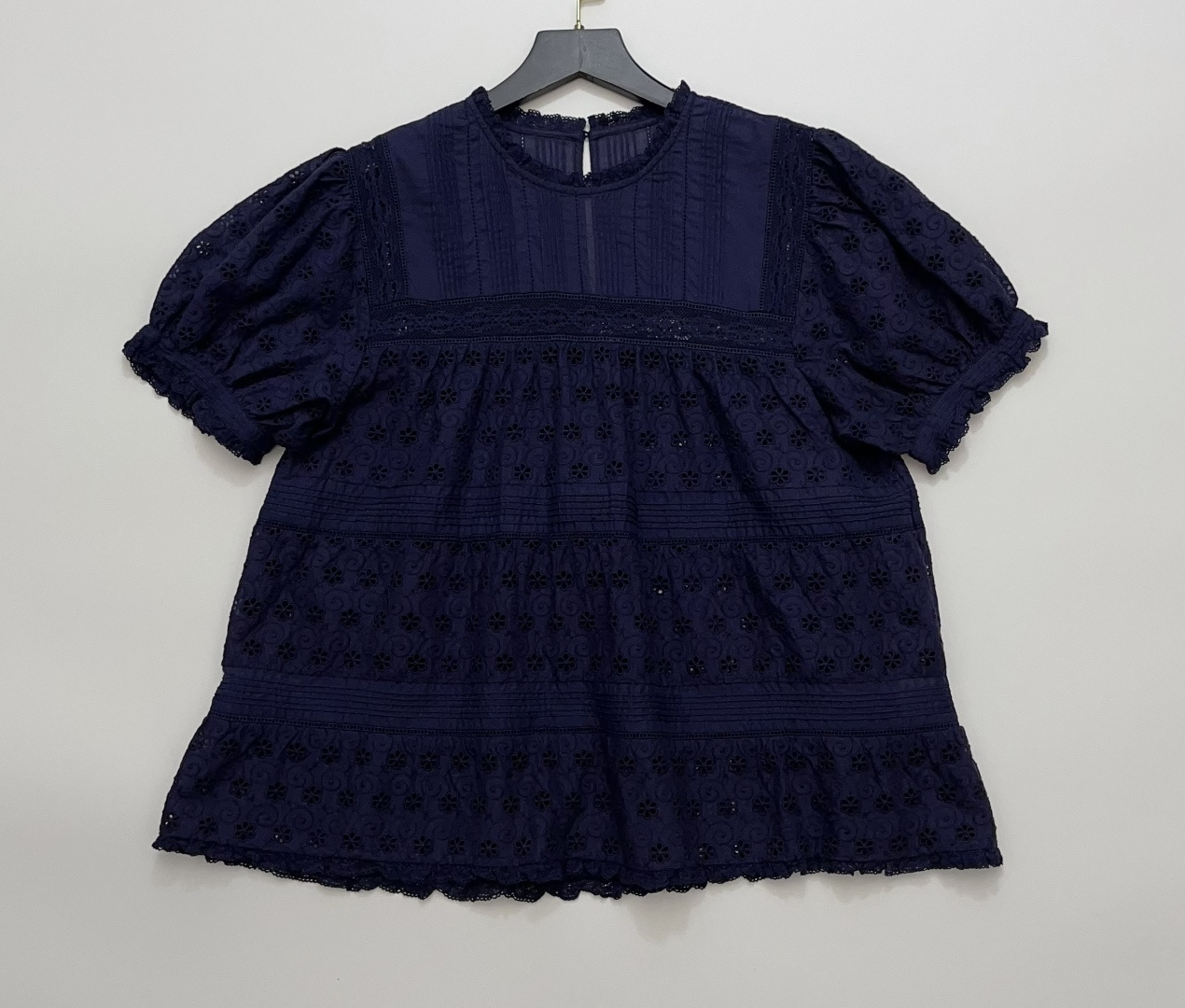 Dôen Openwork Floral Embroidered Top with Ruffle Round Neck Puff Sleeves