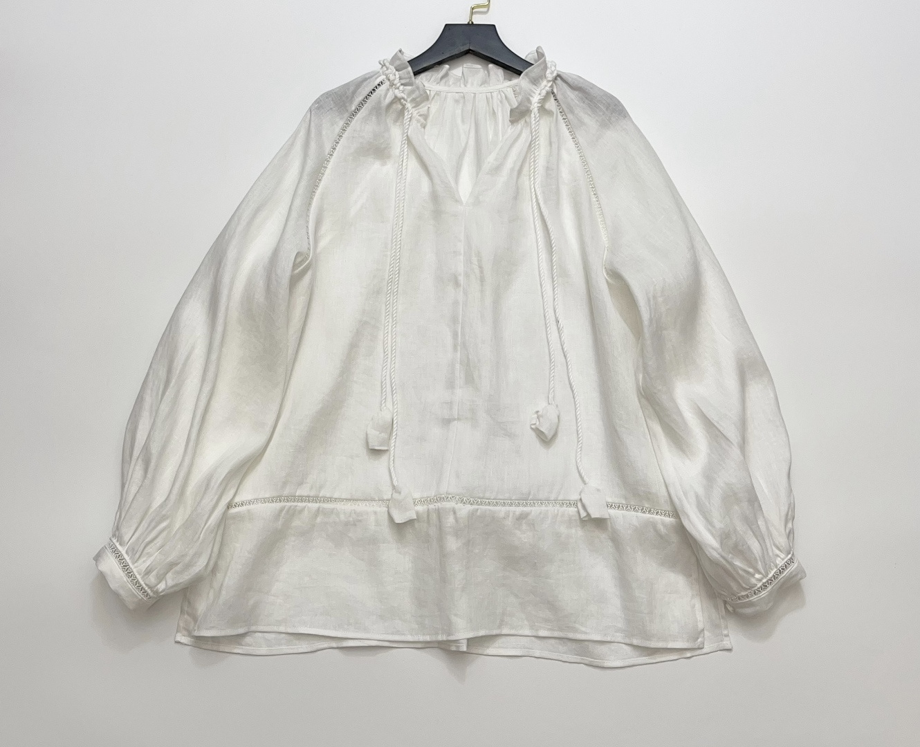 Lee Mathews Tie-Waist Tulip Cutout Lantern Sleeve V-Neck Loose Linen Shirt