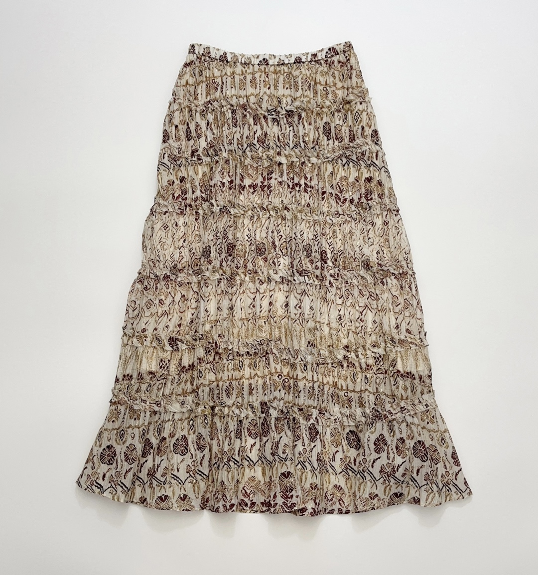 Vintage Printed Lurex Tiered Skirt with Elastic High Waist A-line