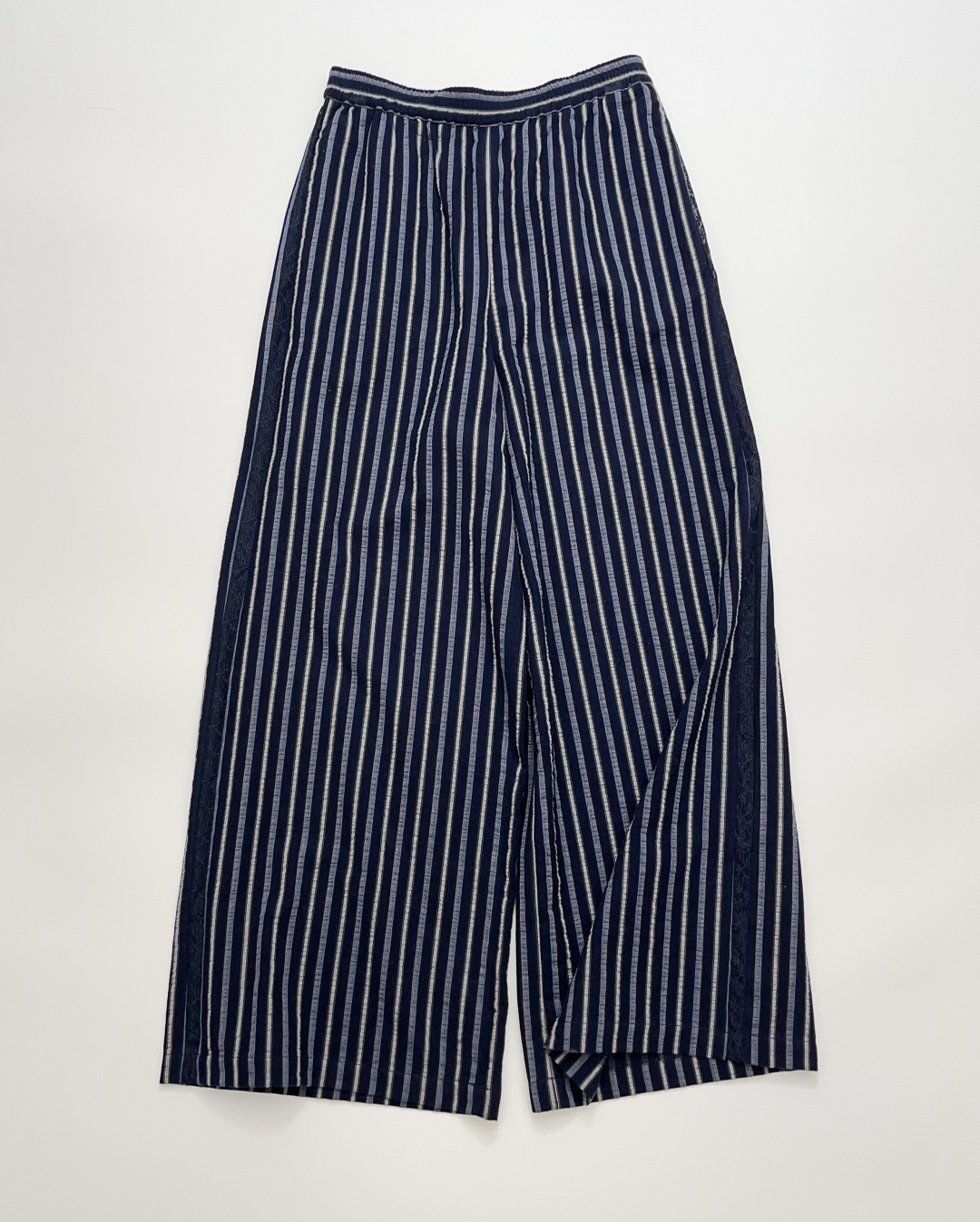 Lace Trim Patchwork Elastic Waist Vertical Stripe Casual Trousers