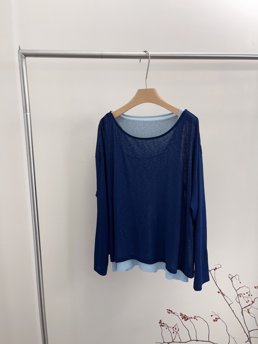 Draped Low Crewneck Long-Sleeve Top & U-Neck Camisole Two-Piece Set