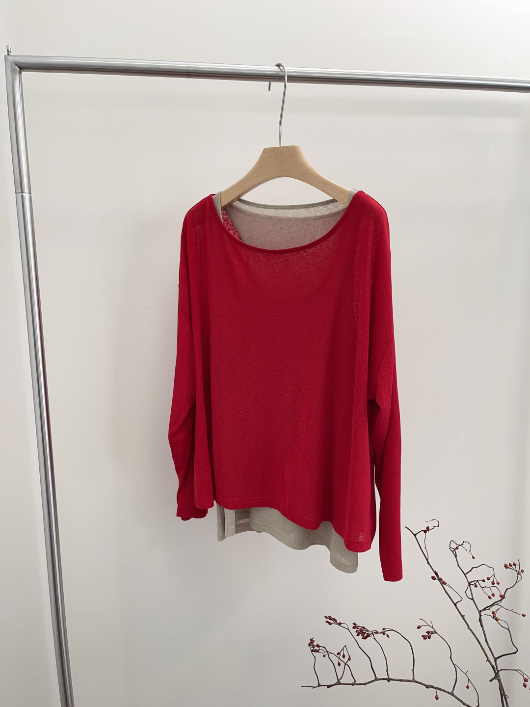 Draped Low Crewneck Long-Sleeve Top & U-Neck Camisole Two-Piece Set