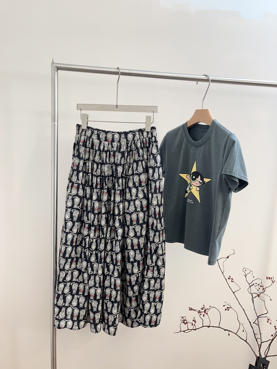 Navy Blue Kitten Print Loose Casual Skirt