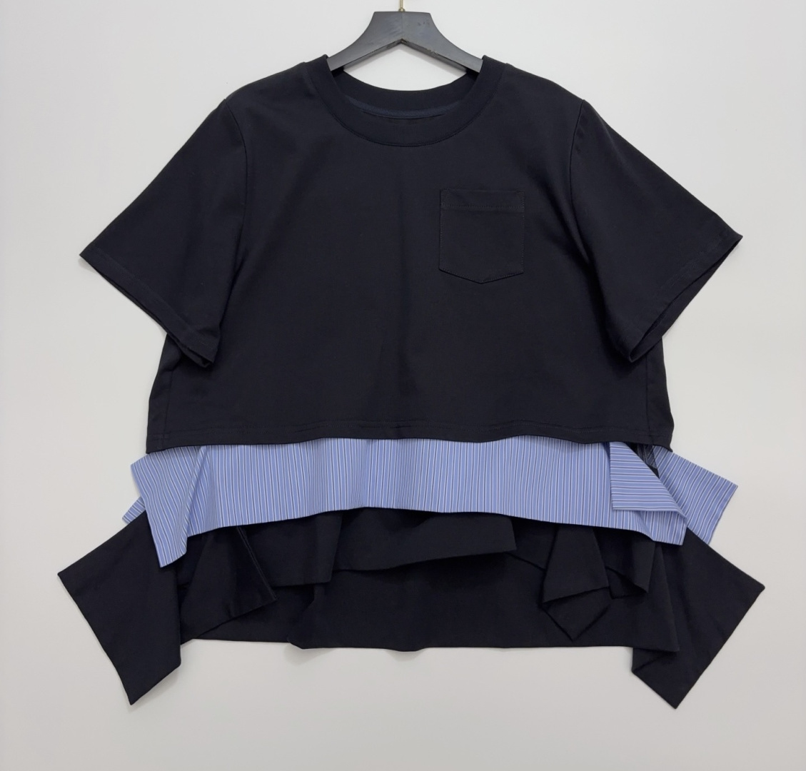 Sacai Layered Patchwork Colorblock Stripe Irregular Faux Two-Piece T-Shirt