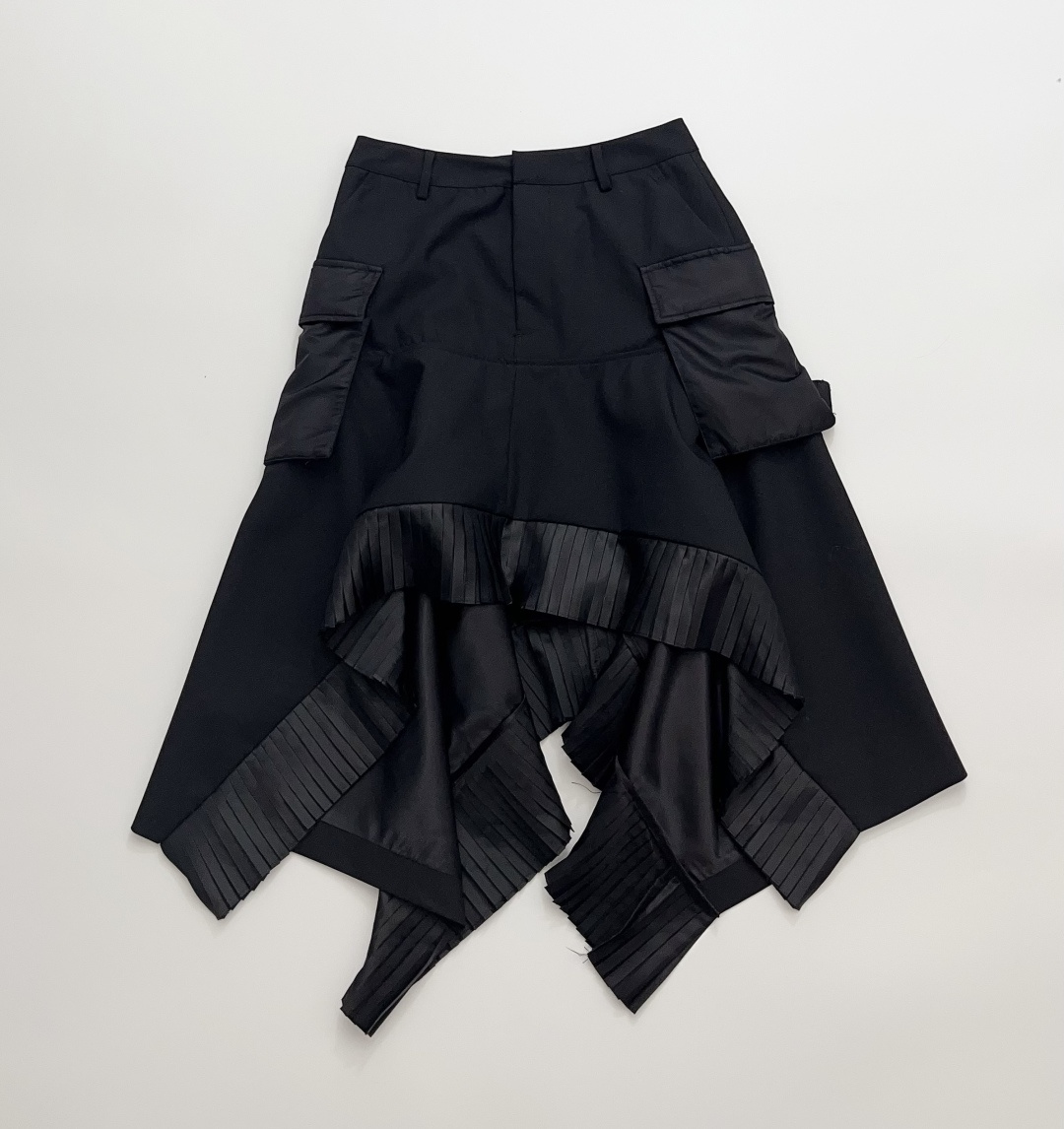 Sacai Black Heavy Pleated Irregular Silk Wool Paneled Skirt
