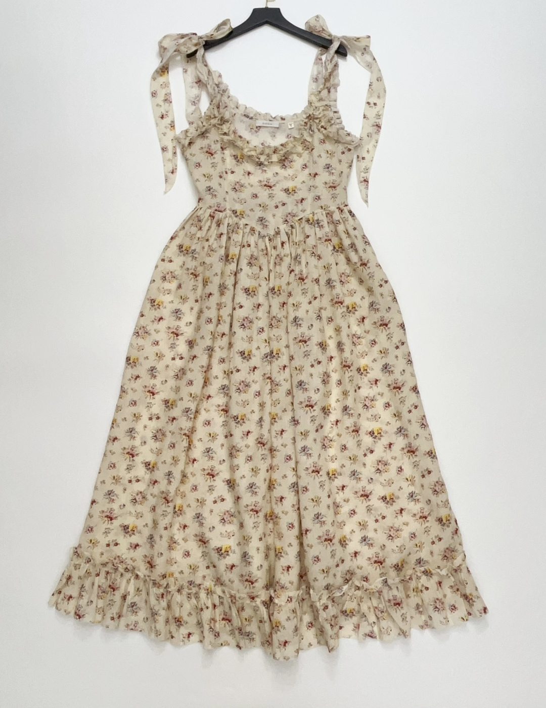 Dôen French Vintage Small Floral Pastoral Style Ruffled Long Slip Dress