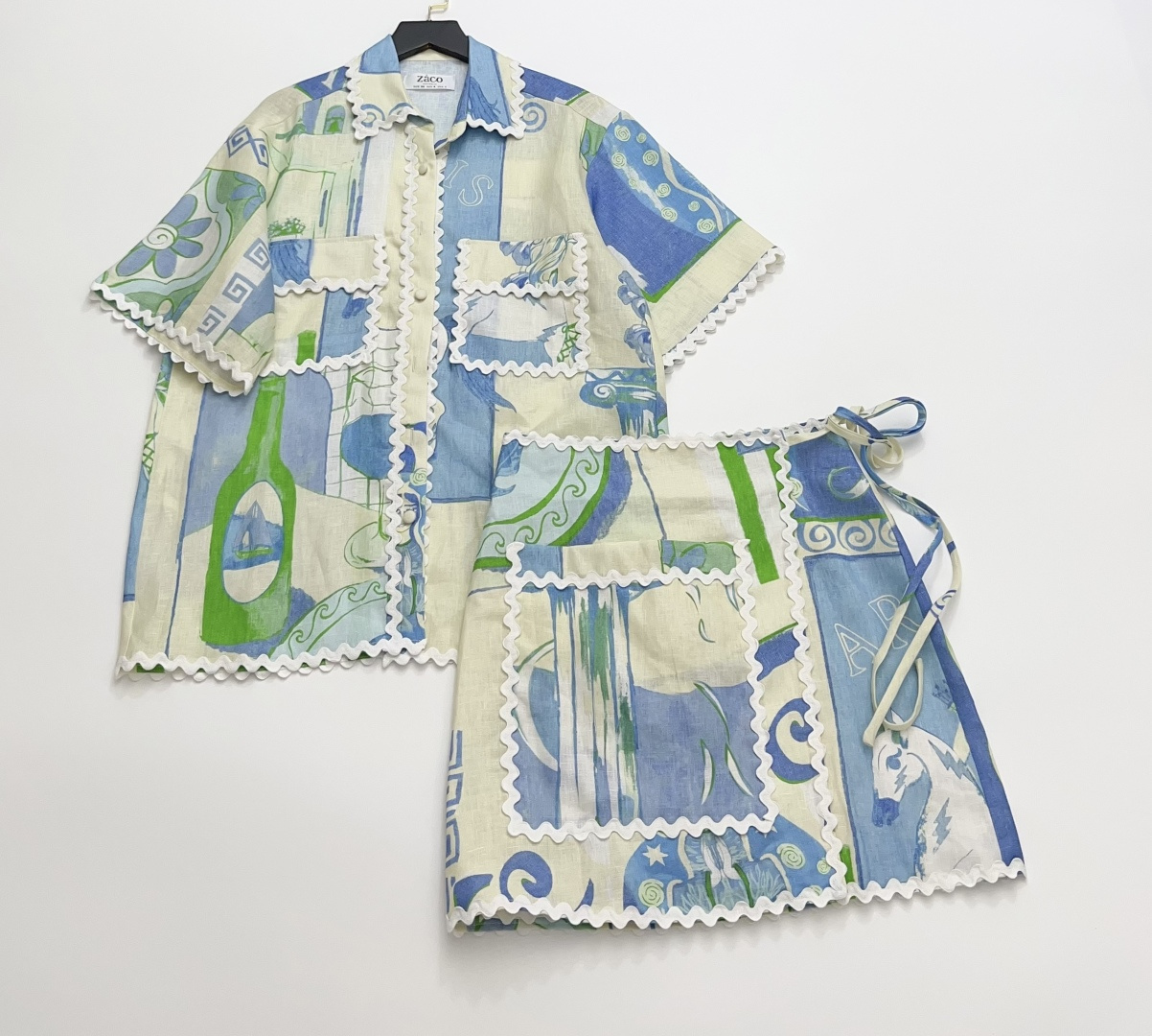 Linen Blue Greek Style Short Sleeve Shirt and Skirt Set