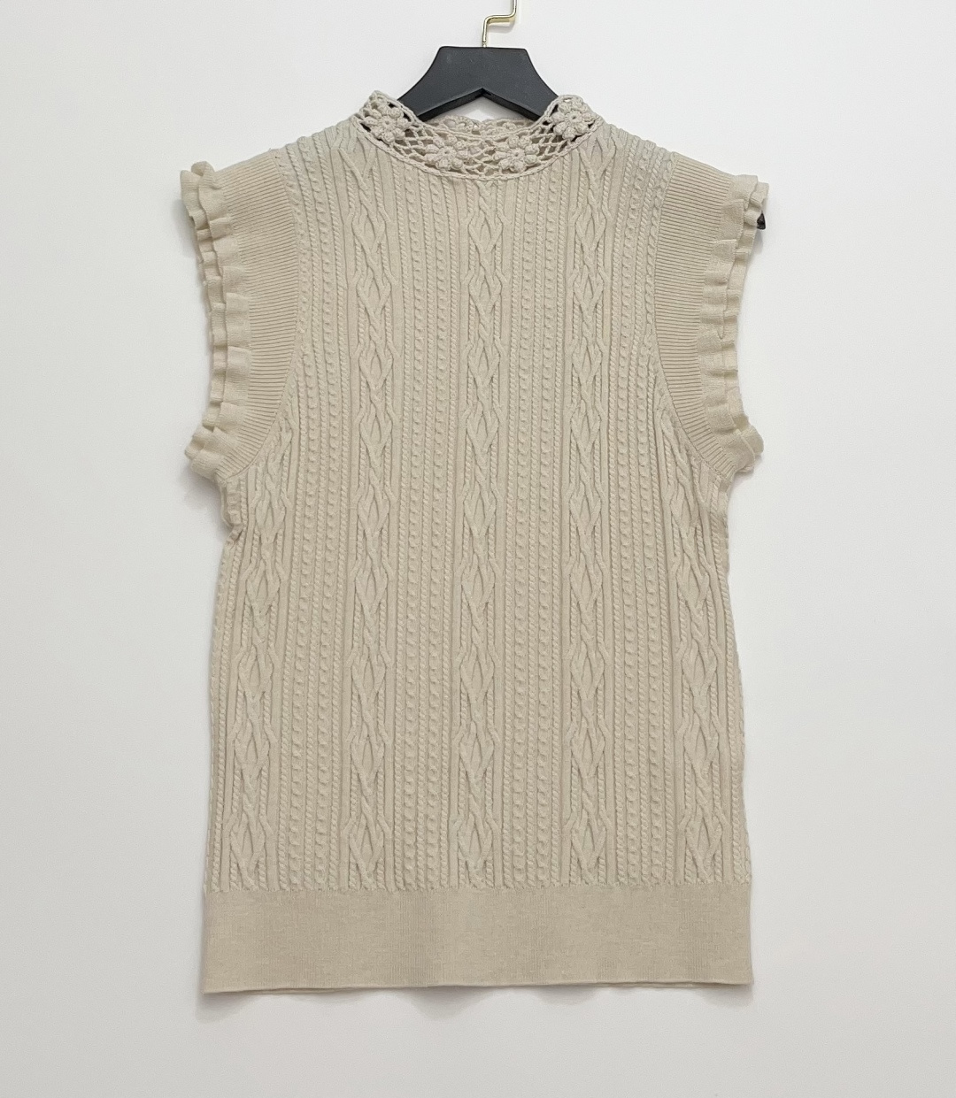 NONETONE 2026 Spring/Summer Wool Knit Hand-Crocheted Flutter Sleeve Top - Milky Apricot