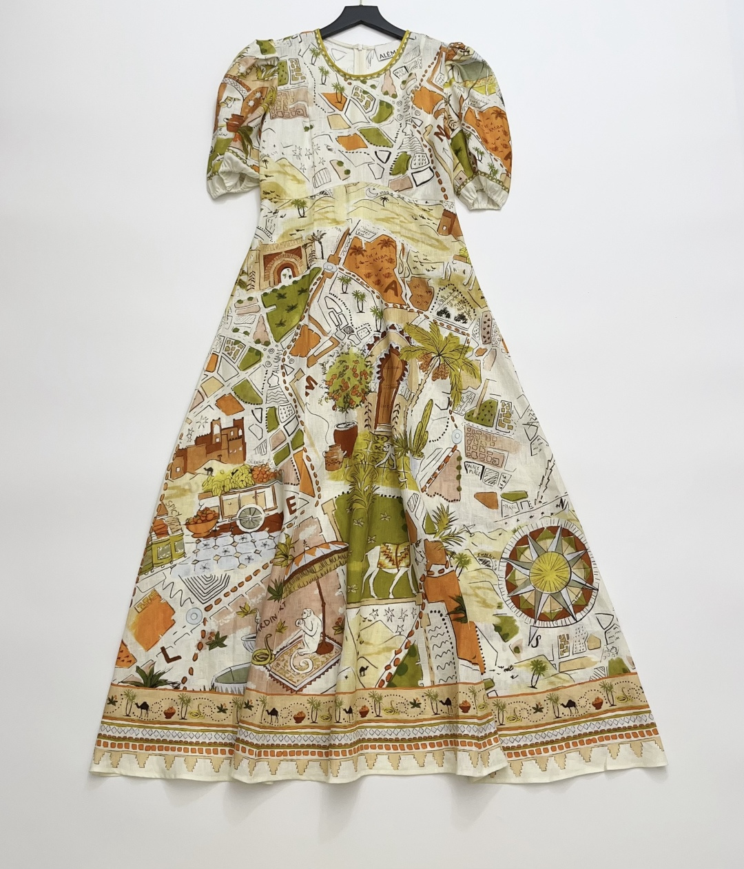 Alémais Linen Mustard Yellow Print Puff Sleeve Tie-Waist Dress - Resort Casual Long Dress