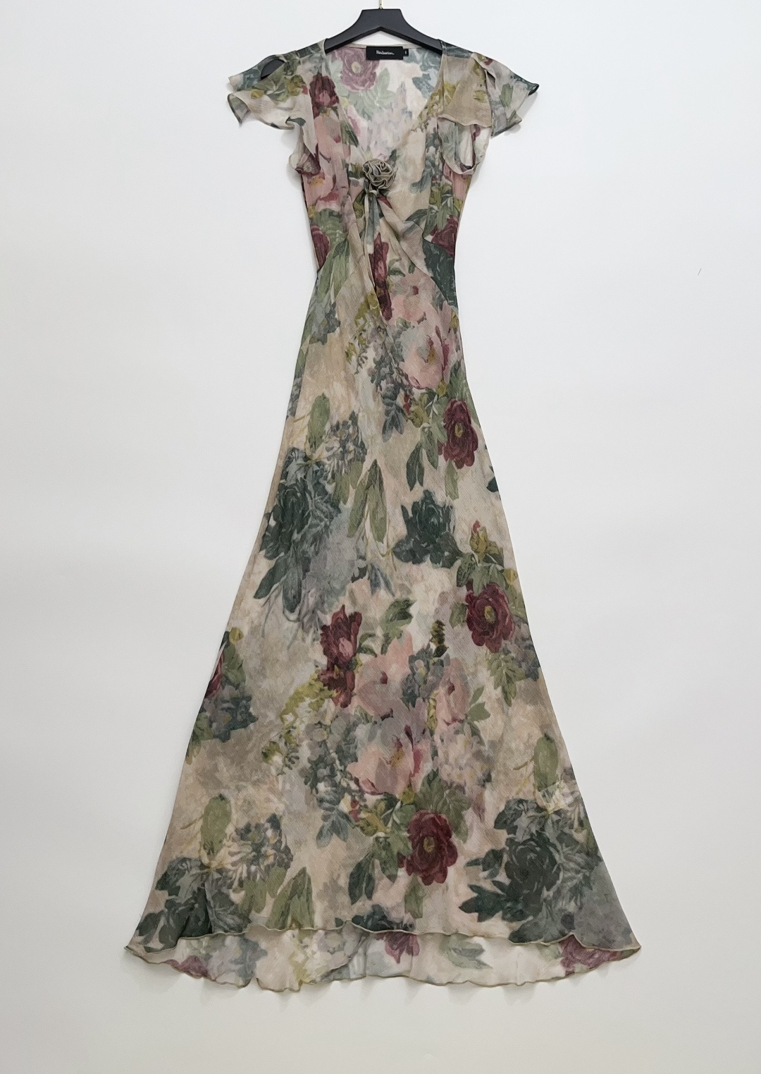 Réalisation Par Deep V-Neck Bias Cut Print Short Sleeve Silk Dress