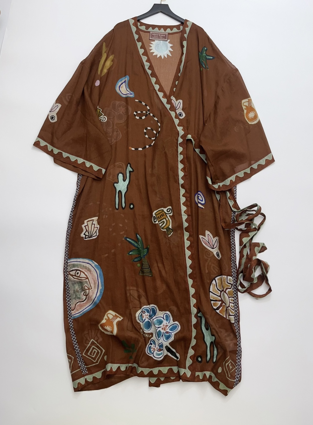 Alémais Caramel Brown Ramie Graffiti Print Long Sleeve Loose Tie-Waist Robe Dress