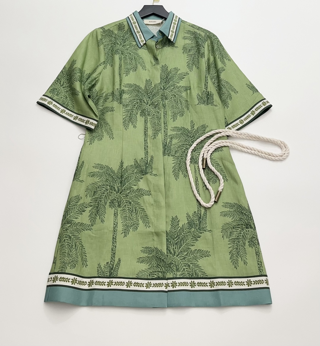 KIV Linen Green Coconut Tree Print Short Sleeve Shirt Dress - Resort Casual
