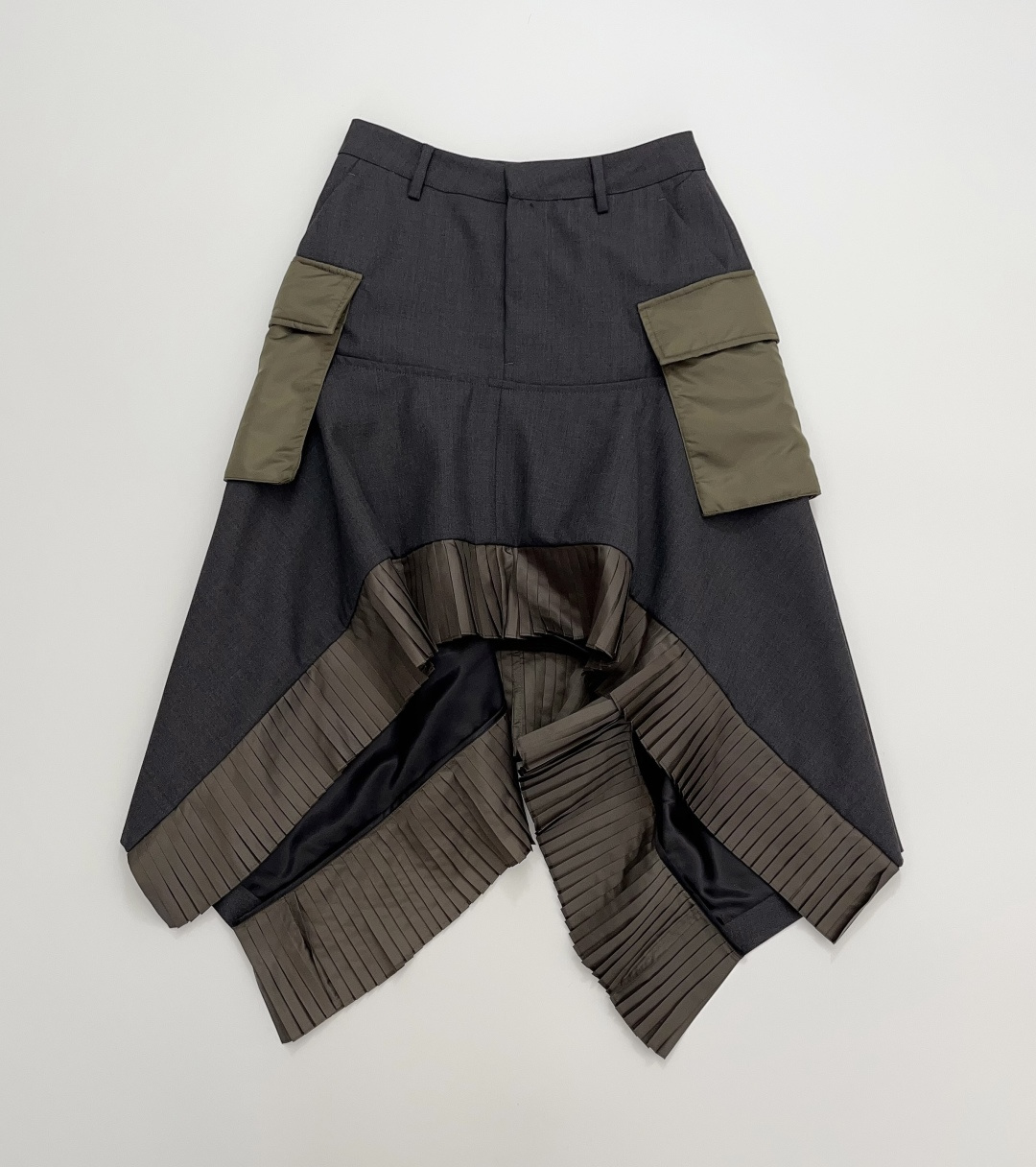 Sacai Heavy Duty Patchwork Pleated Asymmetric Silk Wool Skirt