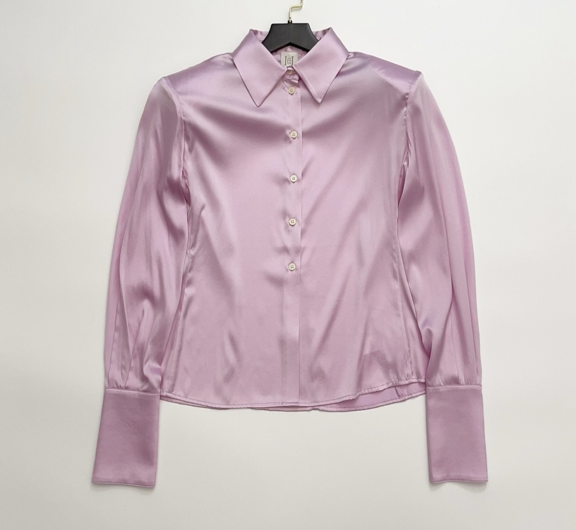 Helsa Silk Satin Padded Shoulder Lapel Long Sleeve Shirt