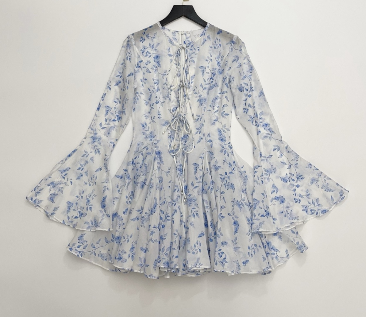 YVON French Vintage Blue Floral Print Silk Cotton Flare Sleeve Mini Dress