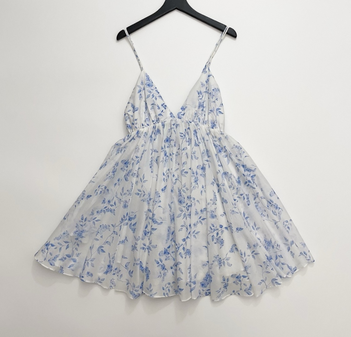 YVON Blue Fresh Vacation Style V-Neck Cross-Strap Casual Mini Dress