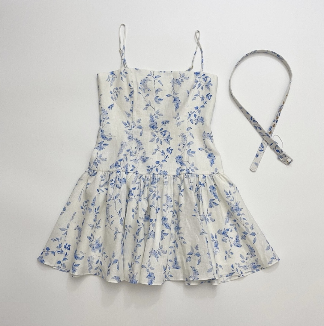 YVON French Vintage Blue Floral Print Linen Cami Dress