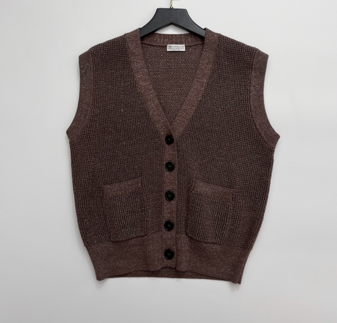 Brunello Cucinelli Shimmer Linen-Cotton V-Neck Sleeveless Knit Cardigan