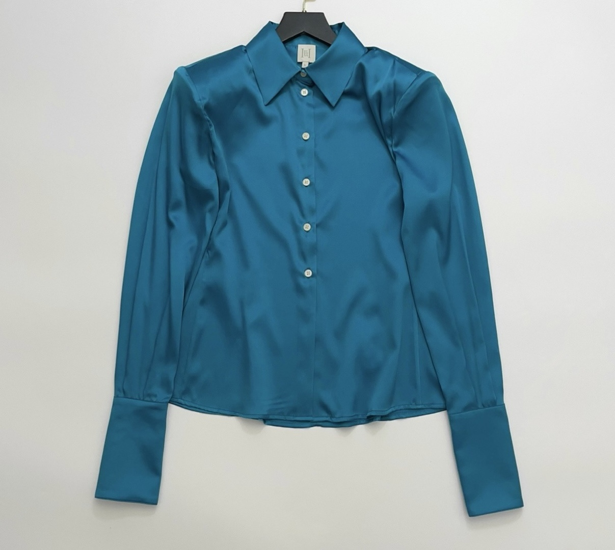 Helsa Silk Satin Padded Shoulder Lapel Long Sleeve Shirt
