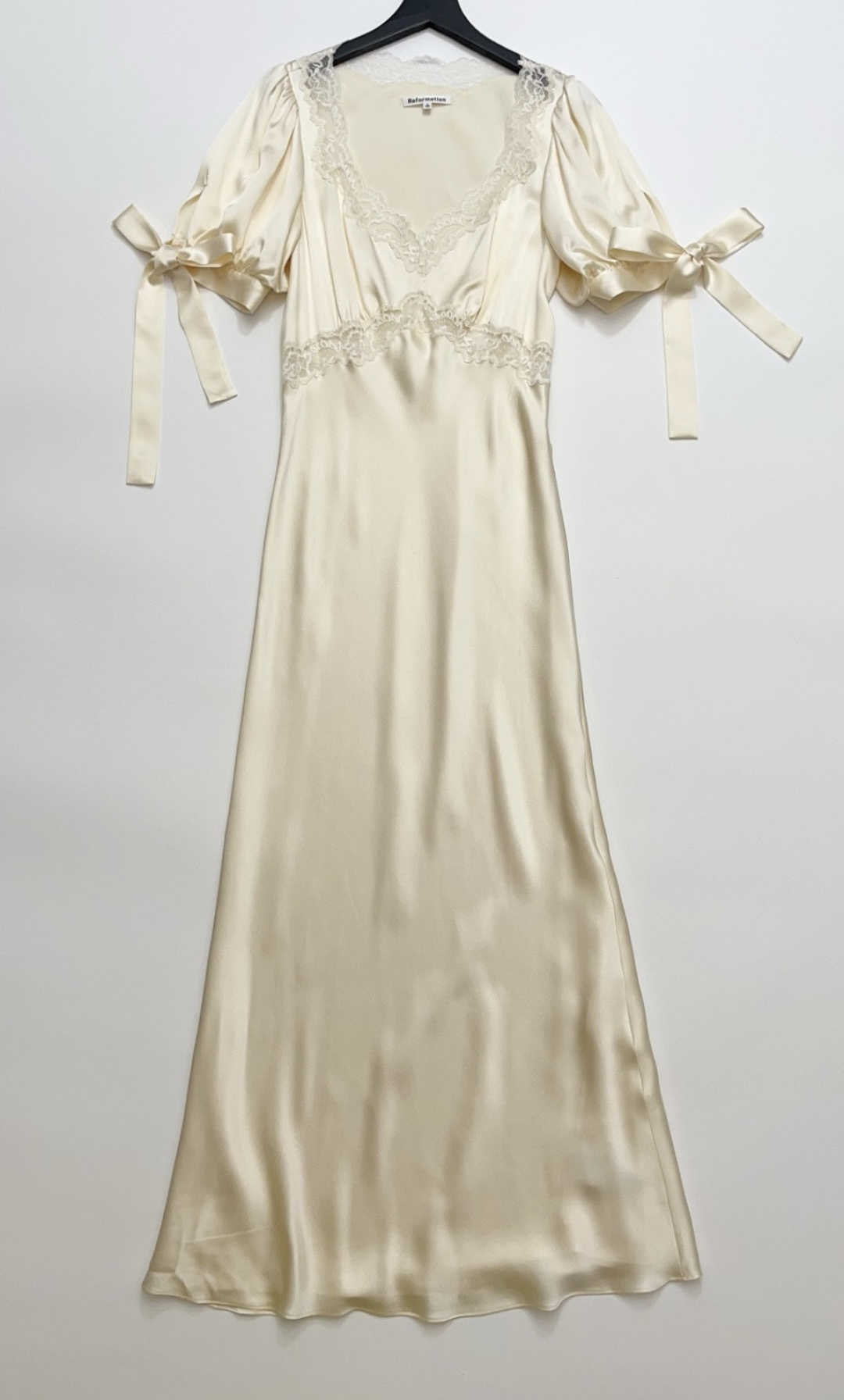 Reformation French Silk & Lace Patchwork Satin Puff Sleeve Tie-Front Dress