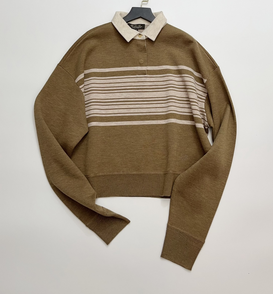 LP Polo Collar Striped Blended Knit Pullover Top