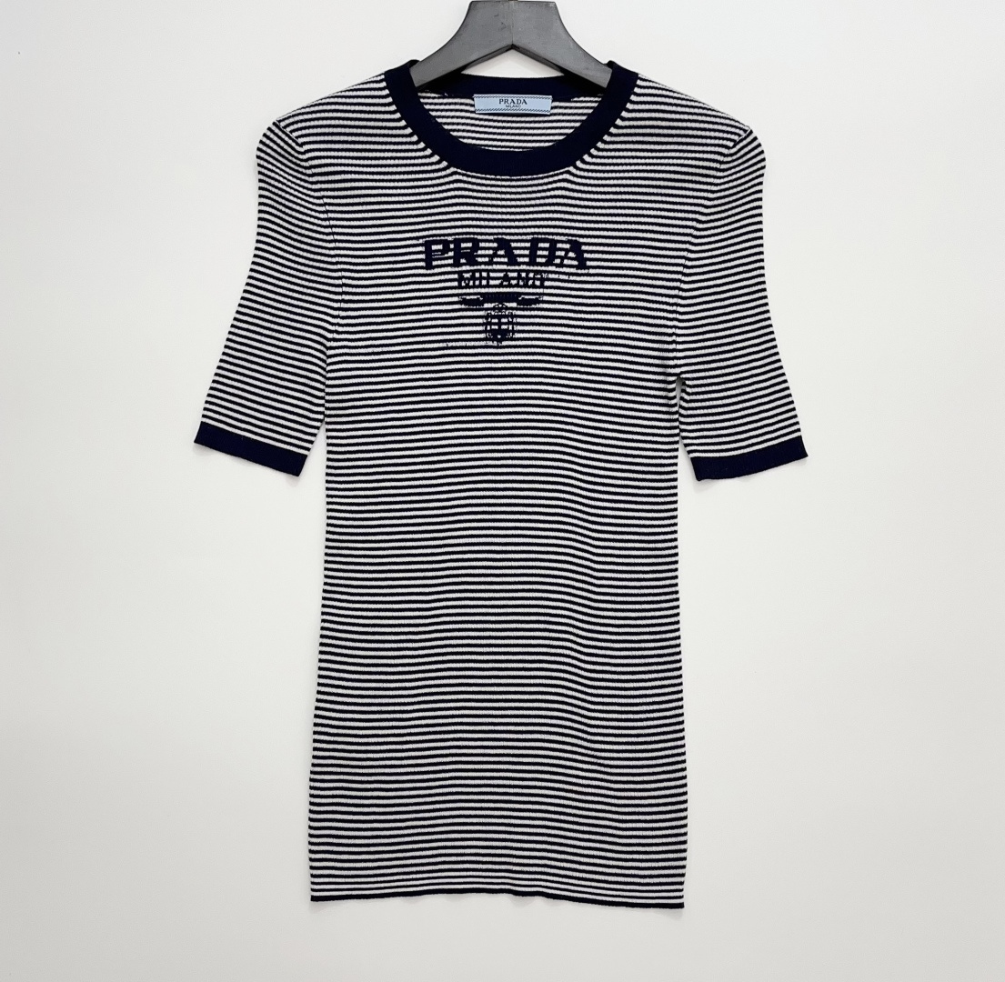 Prada Letter Logo Jacquard Striped Slim-Fit Knit Short-Sleeve Top