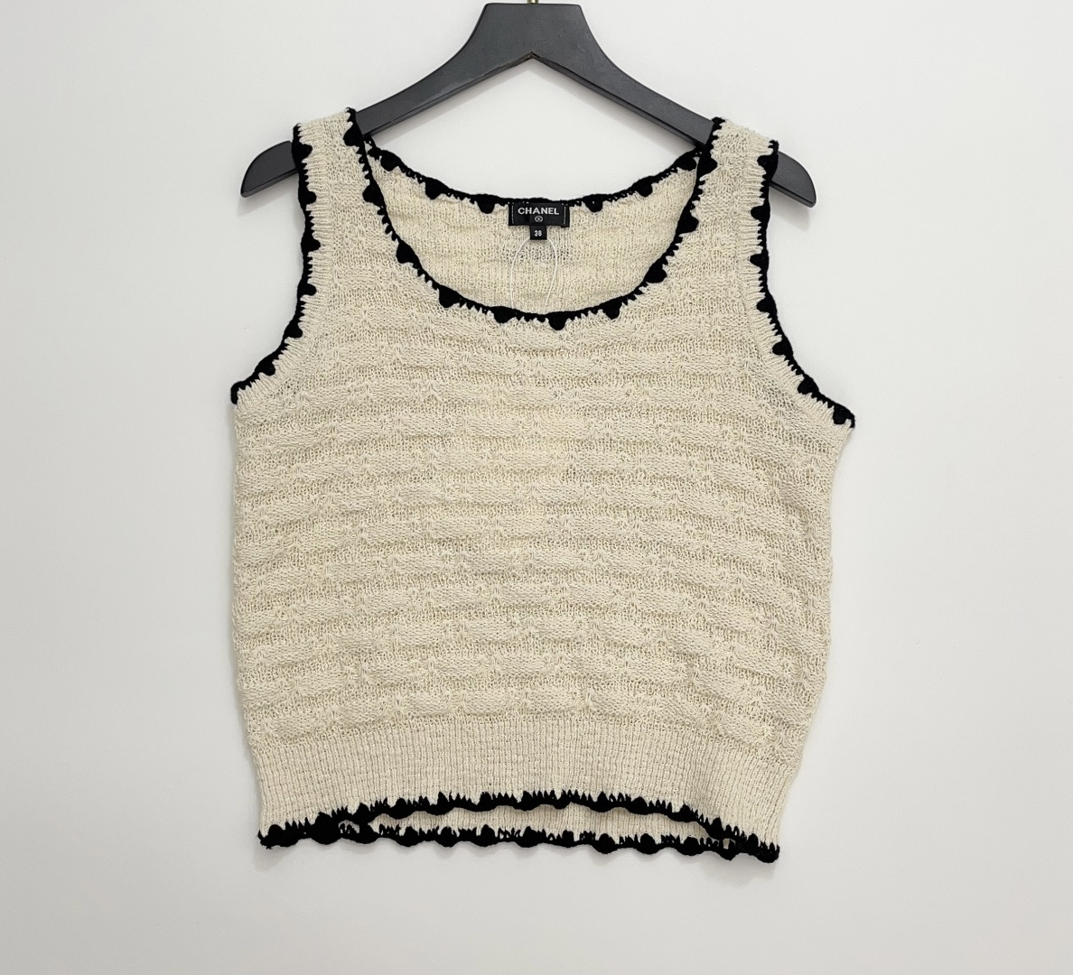 Chanel Style Hand-Crocheted Colorblock Trim Knit Slim-Fit Vest Top