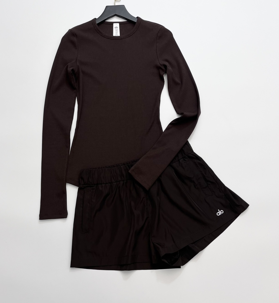 Deep Brown Knit Long Sleeve Top and Shorts Set