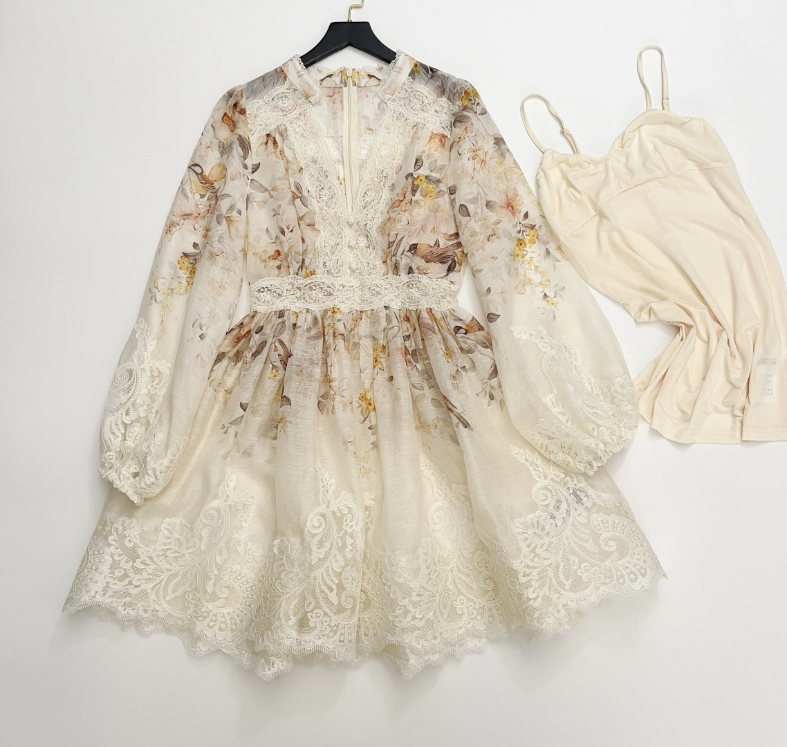 Zim Luna French Romantic Lantern Sleeve Print Waist-Cinched Fairy Dress