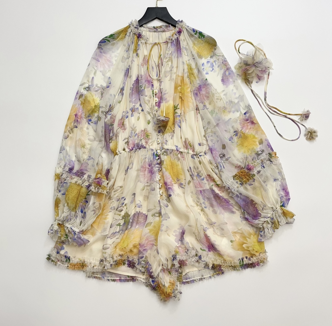Zim Lantern Sleeve Drawstring Neck Waist-Cinched Silk Ruffled Romper