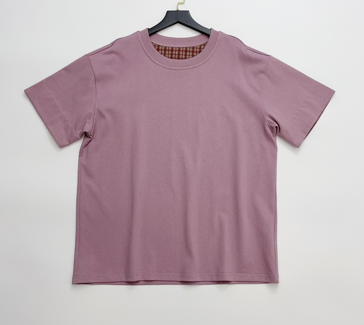 Pink Purple Plaid Patchwork Ribbed Round Neck Short Sleeve T-Shirt
