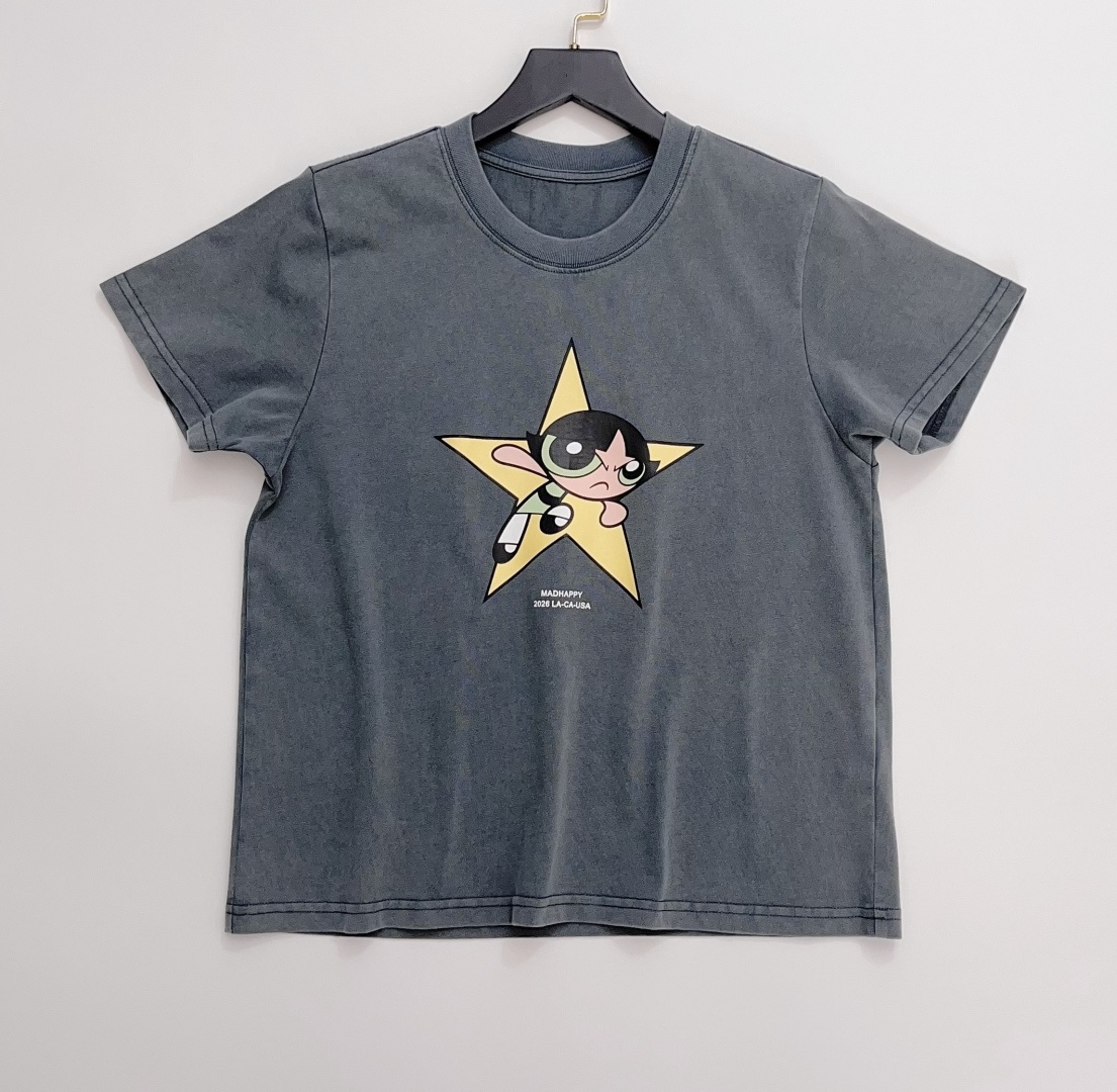 Star Flying Police Print Pure Cotton Short Sleeve American Style T-Shirt Top